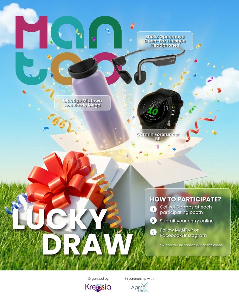 MANTAP Maisson Lucky Draw: Garmin Forerunner 55, Shokz OpenMove headphones, Montigo bottle. Collect stamps, submit your entry online, follow MANTAP.